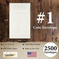 #1 Coin Envelopes, 2-1/4" X 3-1/2", Gum Flap, Sturdy 24lb. White Paper - Cashier Depot