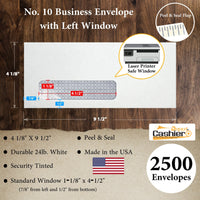 #10 Business Envelope, 4 1/8 X 9 1/2, Laser/Inkjet Compatible Left Window, Peel & Seal, Security Tinted, 24lb. White - Cashier Depot