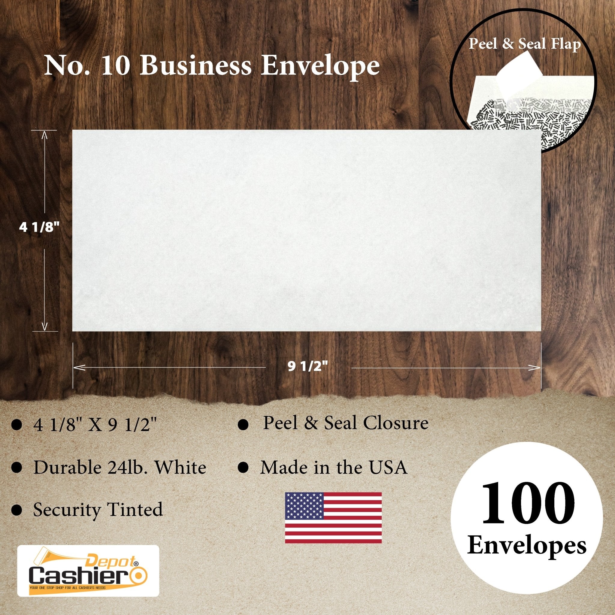 #10 Business Envelope, 4 1/8 X 9 1/2, Security Tinted, Sturdy 24lb White, Peel & Seal - Cashier Depot