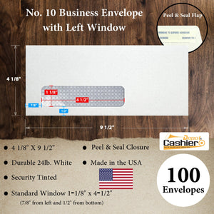 #10 Business Envelope, Left Window, 4 1/8 X 9 1/2, Security Tinted, Peel & Seal, 24lb. White - Cashier Depot