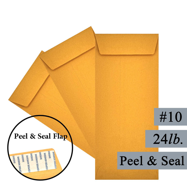 #10 Policy Envelope (Open End), 4 1/8 x 9 1/2, Sturdy 24lb. Brown Kraft, Peel & Seal Flap - Cashier Depot