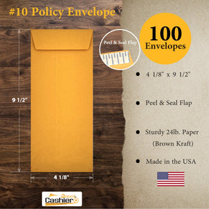 #10 Policy Envelope (Open End), 4 1/8 x 9 1/2, Sturdy 24lb. Brown Kraft, Peel & Seal Flap - Cashier Depot