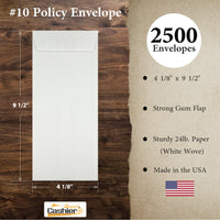 #10 Policy (Open End) Envelope, 4 1/8 x 9 1/2, Sturdy 24lb. White, Gum Flap - Cashier Depot