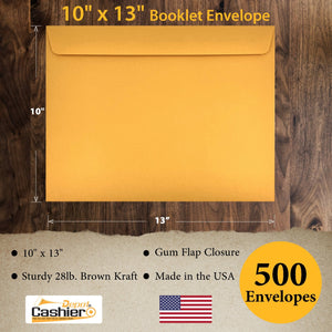 10" x 13" Booklet Envelopes, Sturdy 28lb. Brown Kraft, Gum Flap - Cashier Depot