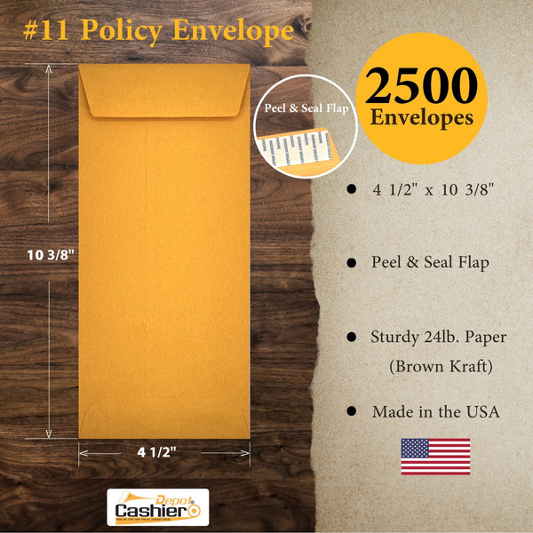 #11 Policy Envelope (Open End), 4 1/2 x 10 3/8, Sturdy 24lb. Brown Kraft, Peel & Seal Flap - Cashier Depot