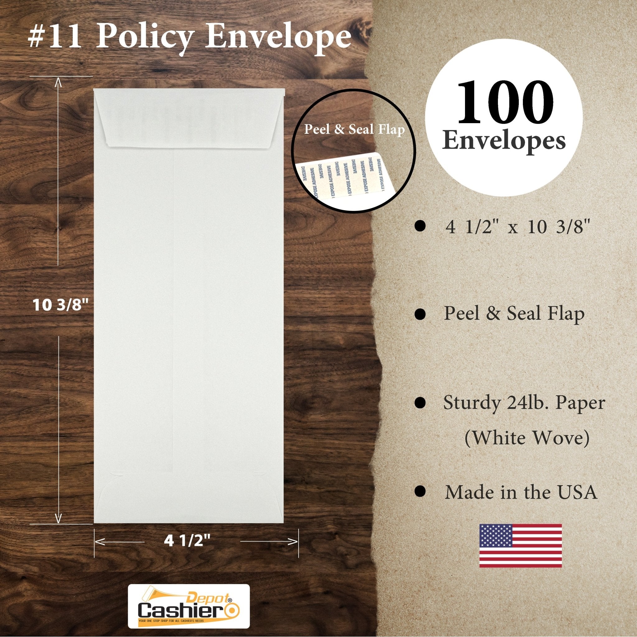 #11 Policy (Open End) Envelope, 4 1/2 x 10 3/8, Sturdy 24lb. White, Peel & Seal Flap - Cashier Depot