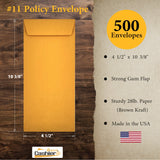 #11 Policy (Open End) Envelope, 4 1/2 x 10 3/8, Sturdy 28lb. Brown Kraft, Gum Flap - Cashier Depot