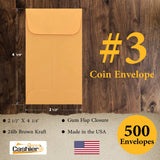 #3 Coin Envelopes, 2-1/2" X 4-1/4", Gum Flap, 24lb. Brown Kraft - Cashier Depot