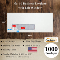 500 Cashier Depot No. 10 Business Envelope, Left Window, 4 1/8 X 9 1/2, Security Tinted, 24lb White - Cashier Depot