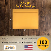 6" x 9" Booklet Envelopes, Sturdy 24lb. Brown Kraft, Gum Flap - Cashier Depot