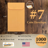 #7 Coin Envelopes, 3-1/2" X 6-1/2", Sturdy 24lb. Brown Kraft, Peel & Seal Flap - Cashier Depot
