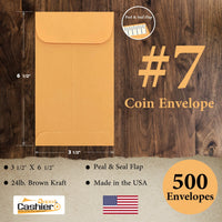#7 Coin Envelopes, 3-1/2" X 6-1/2", Sturdy 24lb. Brown Kraft, Peel & Seal Flap - Cashier Depot