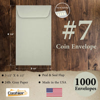 #7 Coin Envelopes, 3-1/2" X 6-1/2", Sturdy 24lb. Gray, Peel Seal Flap - Cashier Depot