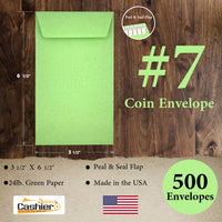 #7 Coin Envelopes, 3-1/2" X 6-1/2", Sturdy 24lb. Green, Peel & Seal Flap - Cashier Depot