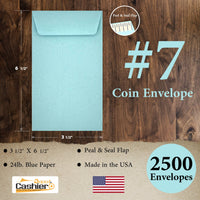 #7 Coin Envelopes, 3-1/2" X 6-1/2", Sturdy 24lb. Pastel Blue, Peel & Seal Flap - Cashier Depot