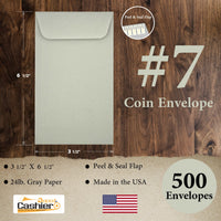 #7 Coin Envelopes, 3 - 1/2" X 6 - 1/2", Sturdy 24lb. Pastel Gray, Peel & Seal Flap - Cashier Depot