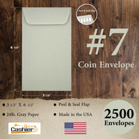 #7 Coin Envelopes, 3 - 1/2" X 6 - 1/2", Sturdy 24lb. Pastel Gray, Peel & Seal Flap - Cashier Depot