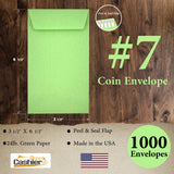 #7 Coin Envelopes, 3 - 1/2" X 6 - 1/2", Sturdy 24lb. Pastel Green, Peel & Seal Flap - Cashier Depot