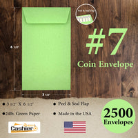 #7 Coin Envelopes, 3 - 1/2" X 6 - 1/2", Sturdy 24lb. Pastel Green, Peel & Seal Flap - Cashier Depot