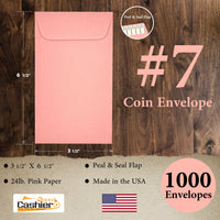 #7 Coin Envelopes, 3-1/2" X 6-1/2", Sturdy 24lb. Pink, Peel & Seal Flap - Cashier Depot