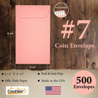 #7 Coin Envelopes, 3-1/2" X 6-1/2", Sturdy 24lb. Pink, Peel & Seal Flap - Cashier Depot