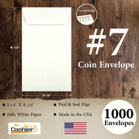 #7 Coin Envelopes, 3-1/2" X 6-1/2", Sturdy 24lb. White, Peel & Seal Flap - Cashier Depot