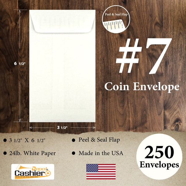 #7 Coin Envelopes, 3 - 1/2" X 6 - 1/2", Sturdy 24lb. White, Peel & Seal Flap - Cashier Depot