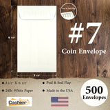 #7 Coin Envelopes, 3-1/2" X 6-1/2", Sturdy 24lb. White, Peel & Seal Flap - Cashier Depot