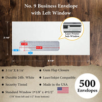#9 Security Business Envelopes, Laser/Inkjet Compatible Left Window, 3 7/8 x 8 7/8, Gum Flap, Sturdy 24lb. White - Cashier Depot