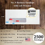 #9 Security Business Envelopes, Laser/Inkjet Compatible Left Window, 3 7/8 x 8 7/8, Gum Flap, Sturdy 24lb. White - Cashier Depot