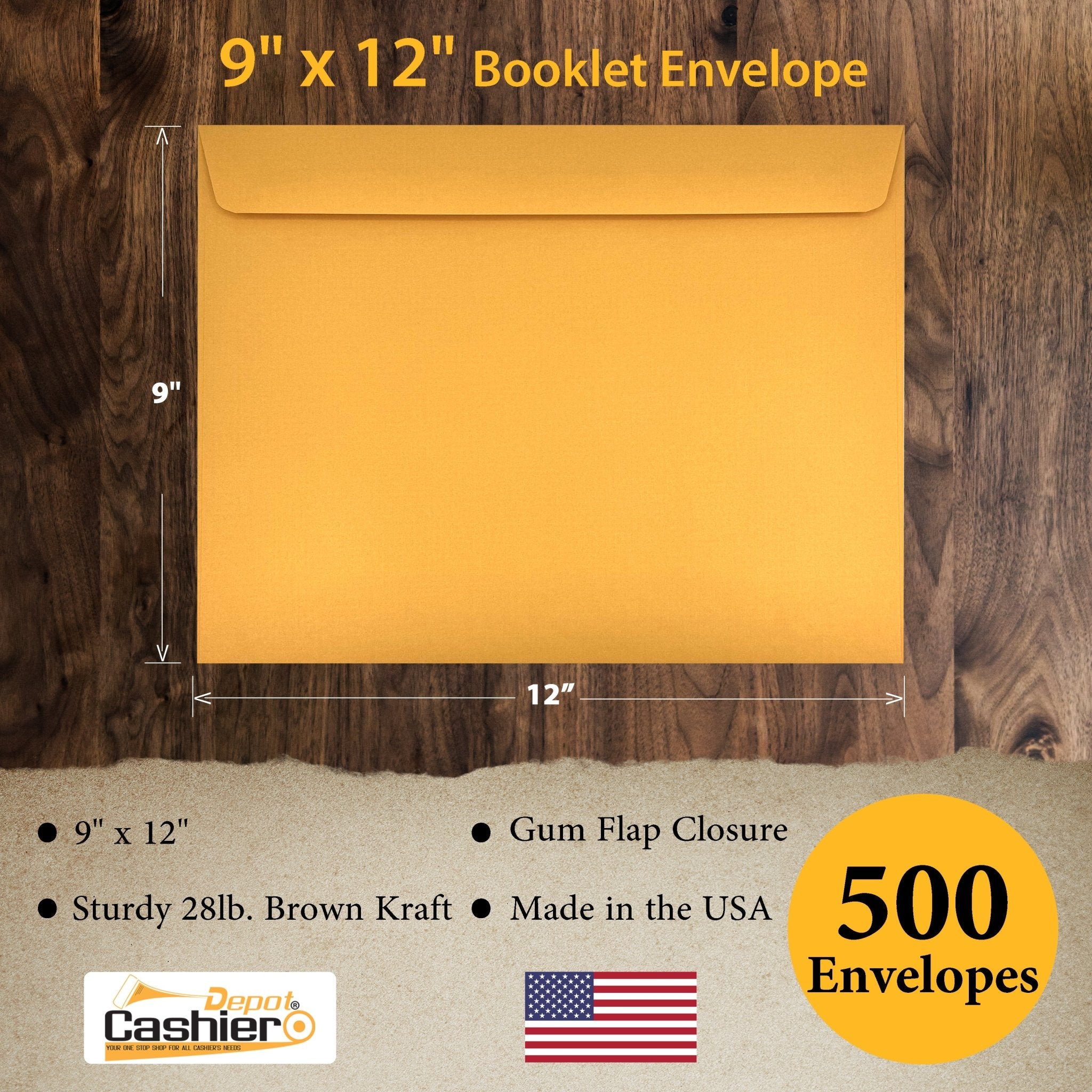 9" x 12" Booklet Envelopes, Sturdy 28lb. Brown Kraft, Gum Flap - Cashier Depot