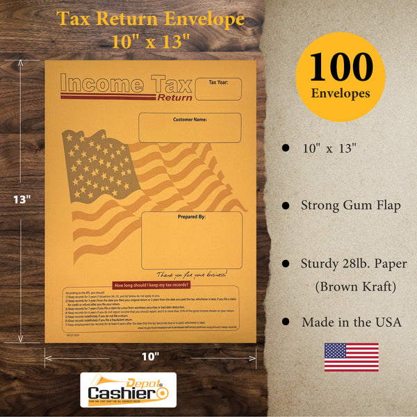 100 Income Tax Return Envelopes for Customers, 10" x 13", Heavy 28lb. Brown Kraft Paper, American Flag (TR1013CK/F)