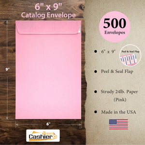 Cashier Depot 6" x 9" Catalog (Open End) Envelopes, Sturdy 24lb. Pink, Peel & Seal Flap - Cashier Depot