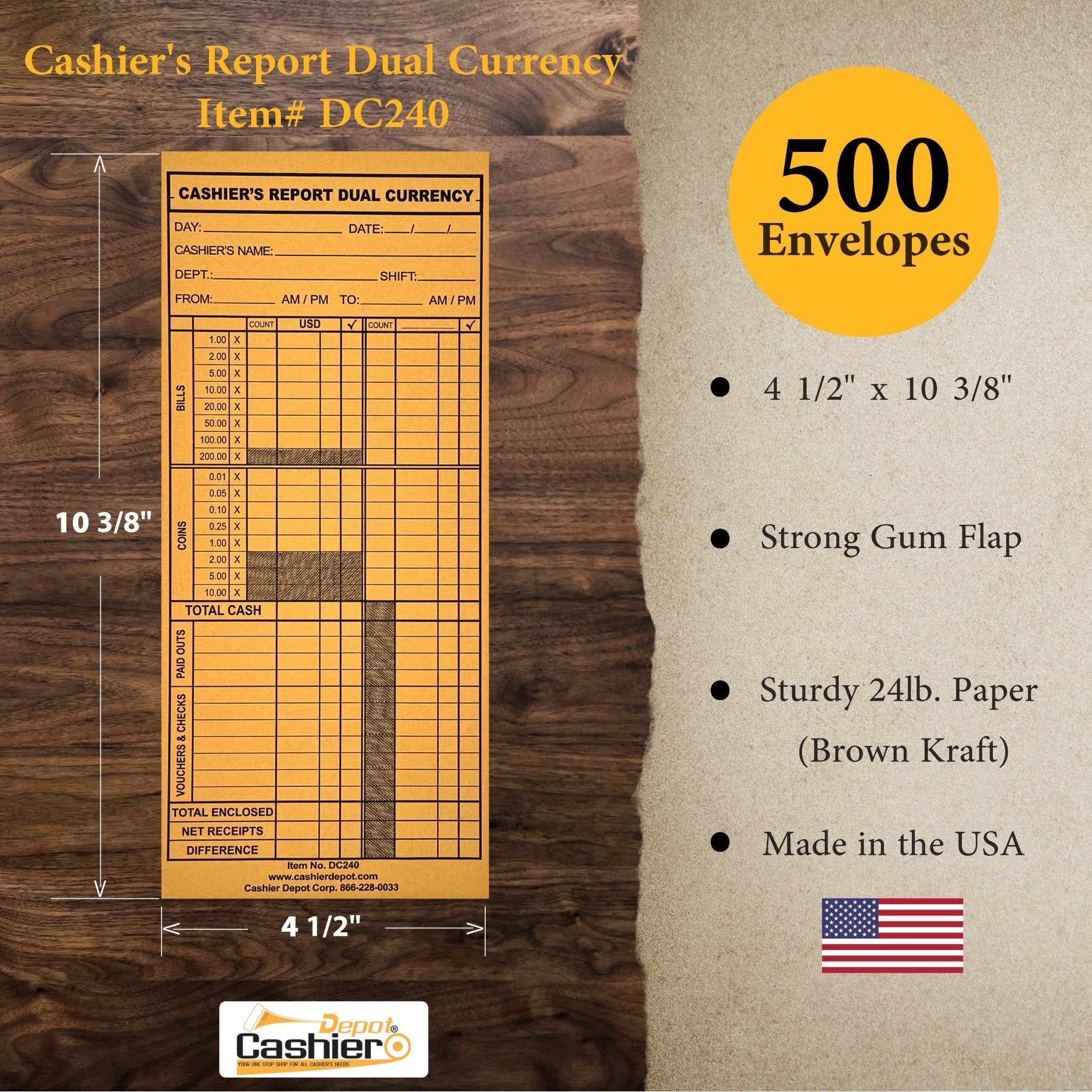 Cashier Depot DC240 Cashier's Report Dual Currency Envelope, 4 1/2" x 10 3/8", Sturdy 24lb. Brown Kraft - Cashier Depot