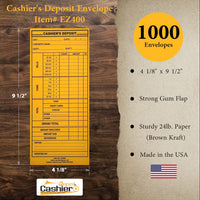 Cashier Depot EZ400 Cashier's Deposit Report Envelope, 4 1/8" x 9 1/2", Sturdy 24lb. Brown Kraft Paper, Gum Flap - Cashier Depot