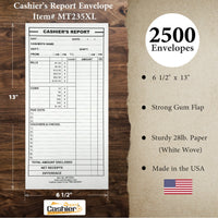 Cashier's Report Envelope MT235XL, 6 1/2" x 13" X-LARGE SIZE, Sturdy 28lb White Paper, Gum Flap - Cashier Depot