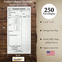 Cashier's Report Envelope MT235XL, 6 1/2" x 13" X-LARGE SIZE, Sturdy 28lb White Paper, Gum Flap - Cashier Depot