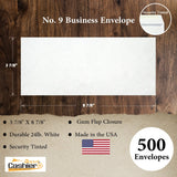 No. 9 Business Envelope, 3 7/8" X 8 7/8" , Security Tinted, Sturdy 24lb, White - Cashier Depot