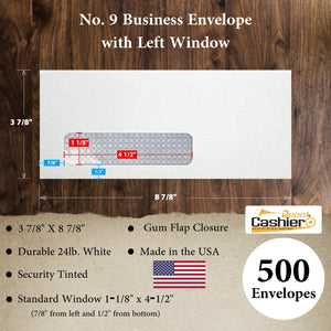 No. 9 Business Envelope, Left Window, 3 7/8" X 8 7/8", Security Tinted, 24lb, White - Cashier Depot